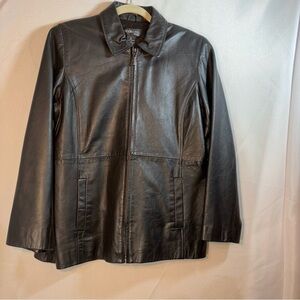 Style & Co. Genuine Leather Petite Black Zip-Front Jacket Size M EUC